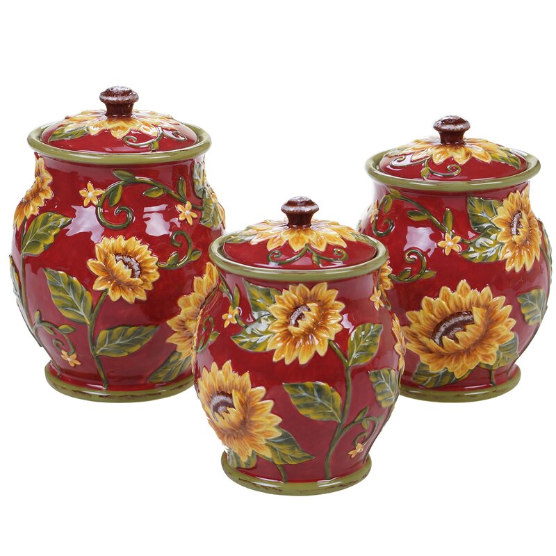 August Grove Sunflower 3 Piece Kitchen Canister Set Reviews Wayfair   Sunflower 3 Piece Kitchen Canister Set 